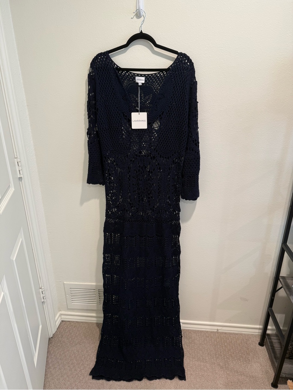 Lulumari Navy Crochet Maxi Dress with V-Neckline